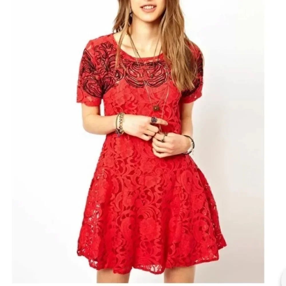Free People Lace Dress Red Embroidered Boho Red Black Midi Small